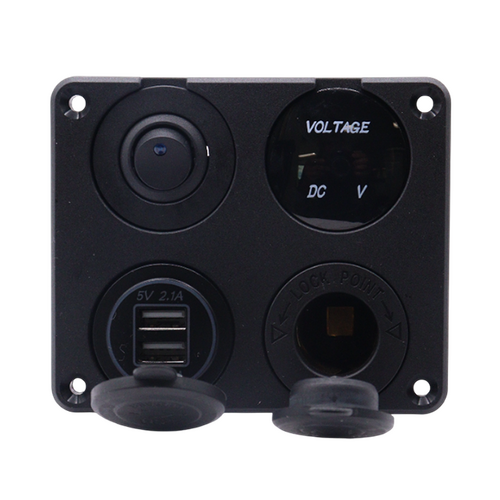 Exotronic Voltmeter, Cigarette Lighter, Dual USB Socket Flush Mount Panel
