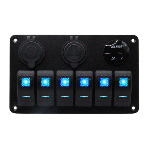 Exotronic 12/24V 6x LED Rocker, Voltmeter, Cigarette Lighter, Dual USB Socket Marine Switch Panel