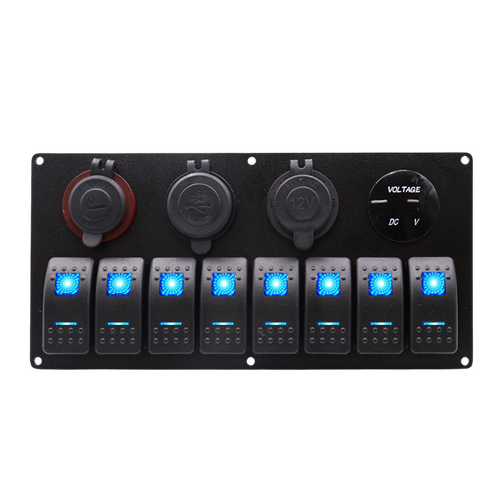 Exotronic 12/24V 8x LED Rocker, Voltmeter, Dual Cigarette Lighter, Dual USB Socket Marine Switch Panel